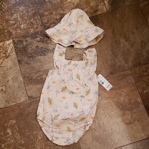 Carter's 24M Set Romper Hat Baby Toddler Girls Outfit Palm Trees Beach Swim